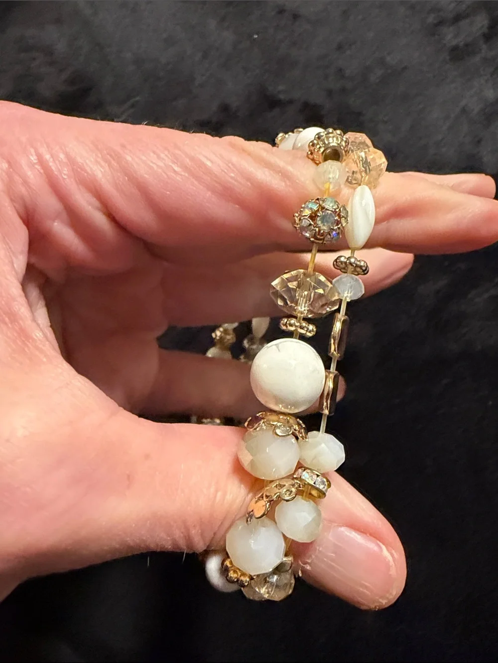 Artisan White Gold Crystal Beaded Stretch Bracelets Set of 2